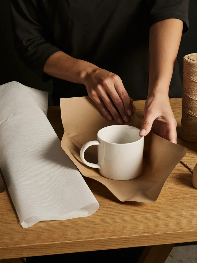 Illustration: Hände verpacken eine Keramiktasse in schlichtes Kraftpapier